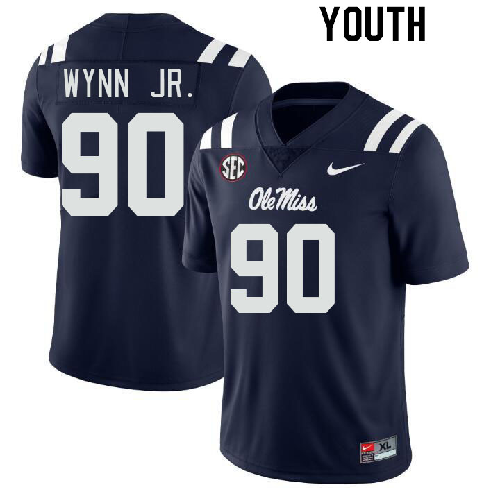Youth #90 Stephon Wynn Jr. Ole Miss Rebels College Football Jerseyes Stitched Sale-Navy - Click Image to Close